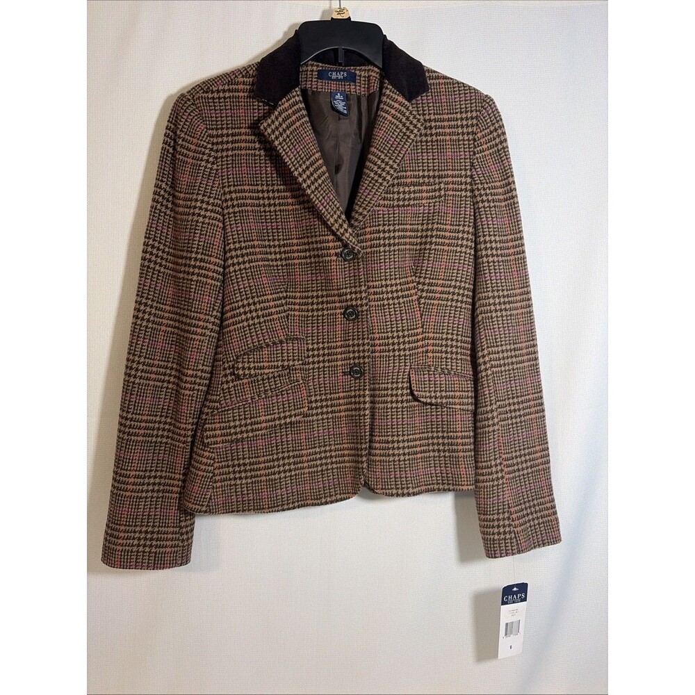 Chaps Brown Houndstooth Plaid Blazer 3-Button Closure Lined Women's 6 Pockets